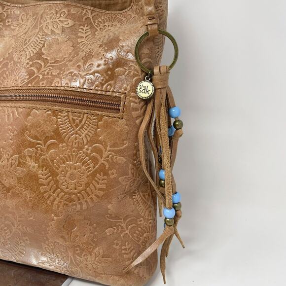 The Sak Huntley Leather Crossbody Tobacco Floral Embossed Beaded Tassel Fringe - Picture 3 of 13